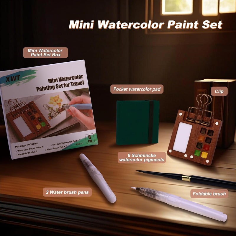 XWT Mini Watercolor Paint Set, Portable Travel Art Kit with Wooden Palette, 8 Color Pigments, Watercolor Pad, Water Brush Pens and Accessories for Artists - Image 4